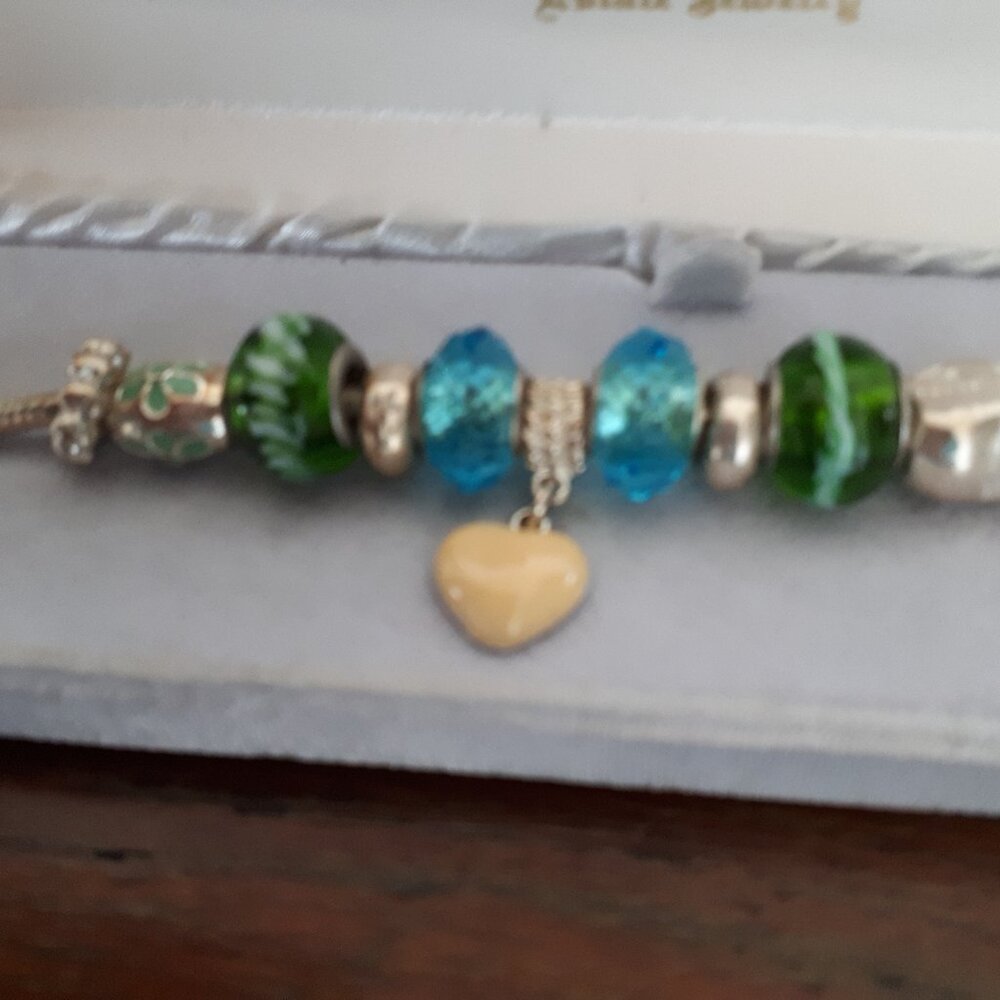 Pandora Like Bracelet - Blue/Greem Cream Beads on Silver bracelet 8"